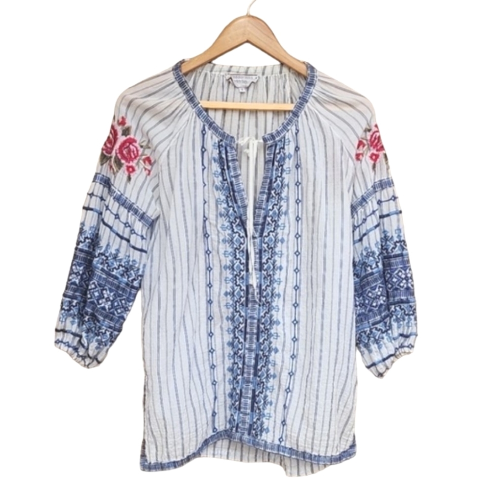 JOHNNY WAS Workshop Shea Peasant Blouse S Santori Stripe Embroidered Boho Anthro - Picture 5 of 16